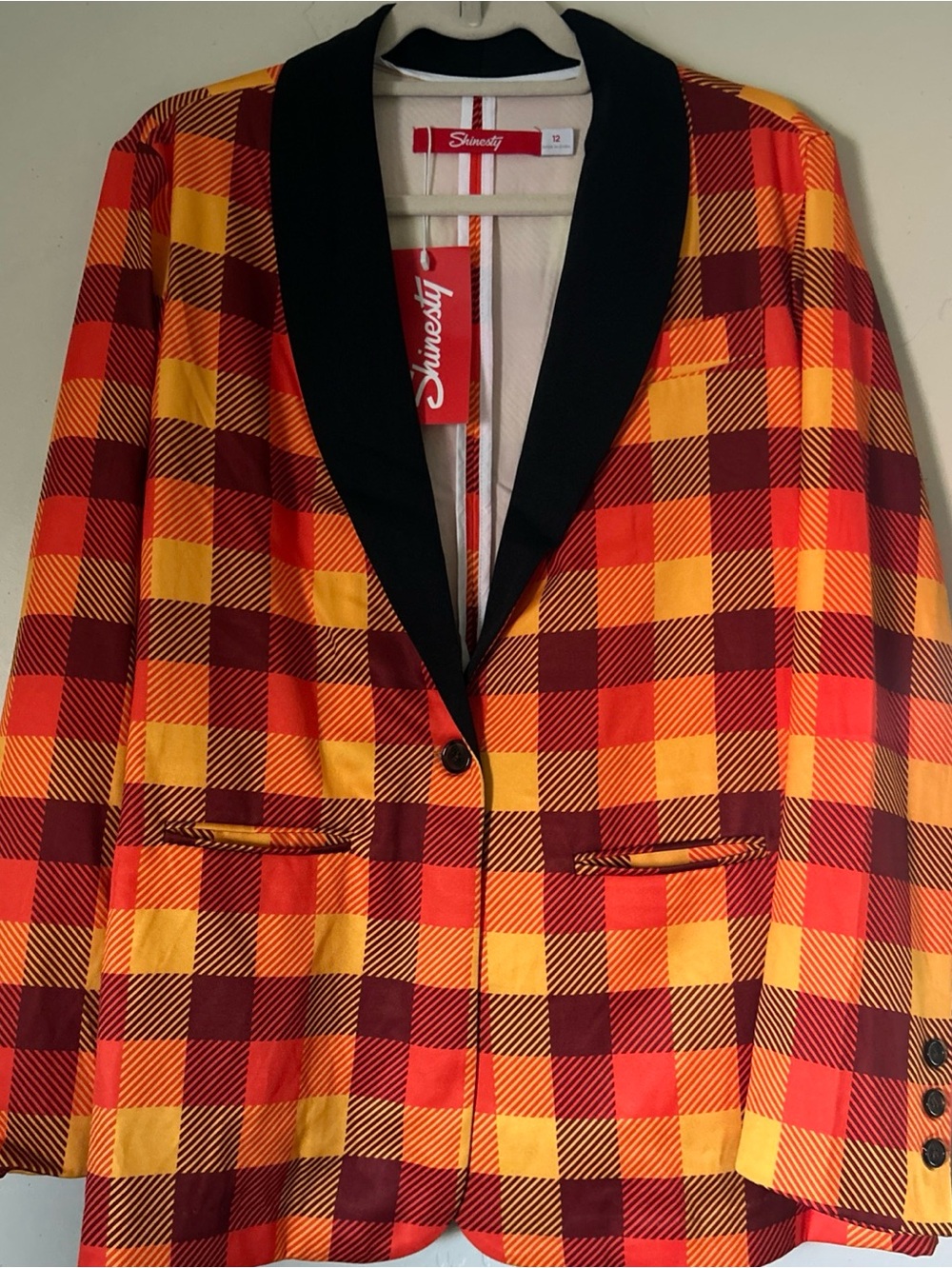 Shinesty NWT  Women's  "That 70s Suit" Orange Yellow Plaid Blazer/ Jacket Sz 12
